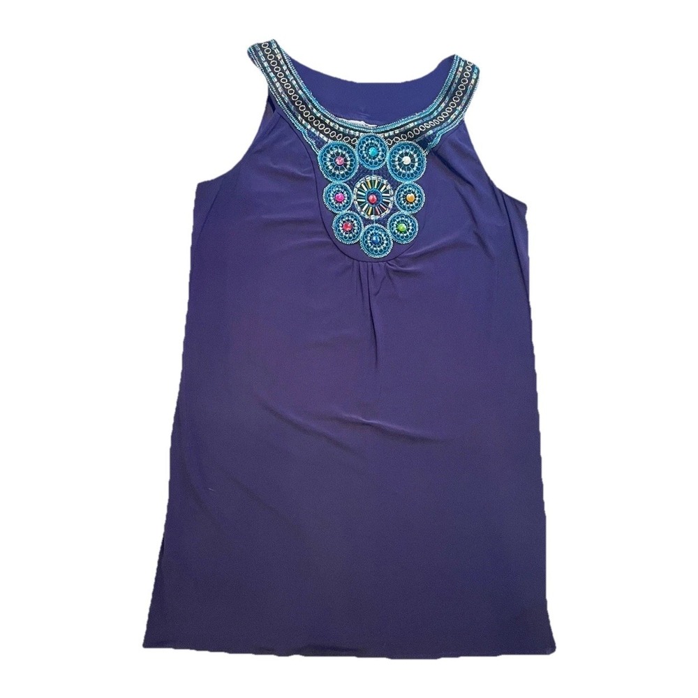 Another‎ Thyme Purple Beaded Embroidered Bib Neck Sleeveless Shift Dress Size 10